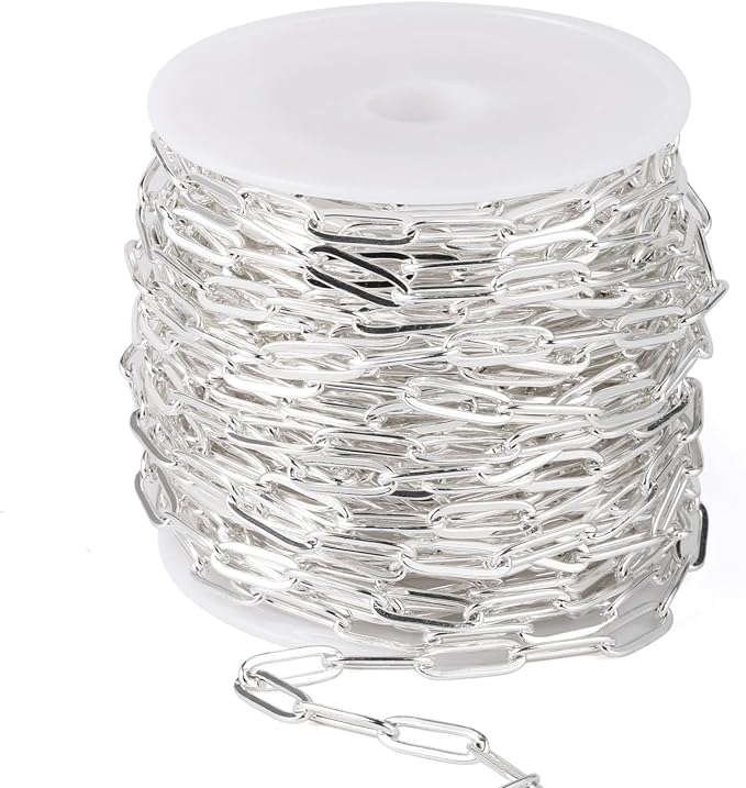 [16.5 Ft] Stainless Steel Paperclip Chains Roll, 4.3mm Width Silver Plated Stainless Steel Oval Link Chains Spool Bulk for Jewelry Making