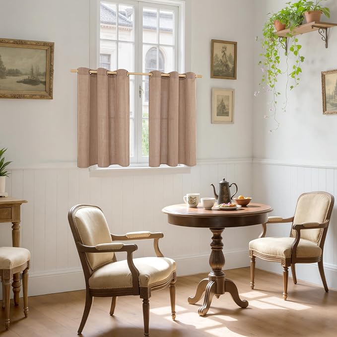 YoungsTex Mocha Brown Linen Kitchen Window Curtains 40 Inch Length, Short Semi Sheer Drapes with Grommet Light Filtering for Bathroom Living Room Windows, 2 Panels, 42 X 40 Inch
