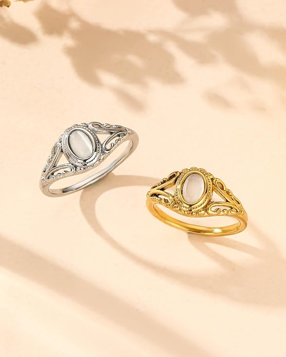 YeGieonr Non Tarnish Gold Signet Rings for Women - Waterproof 18K Gold Plated Stainless Steel Pearl Ring, Statement Ring for Everyday Wear