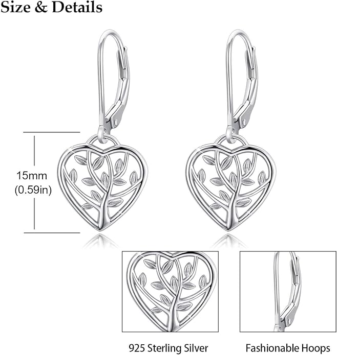 Tree of Life Earrings, 925 Sterling Silver Heart Shaped Studs for Women, Hypoallergenic Earrings for Sensitive Ears Gifts for Women with Gift Box…