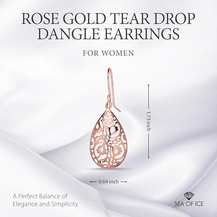 Sterling Silver Tear Drop Dangle Filigree Earrings for Women – boho and Chic Pear Shape Hook Earrings with Thin and Lightweight Hook