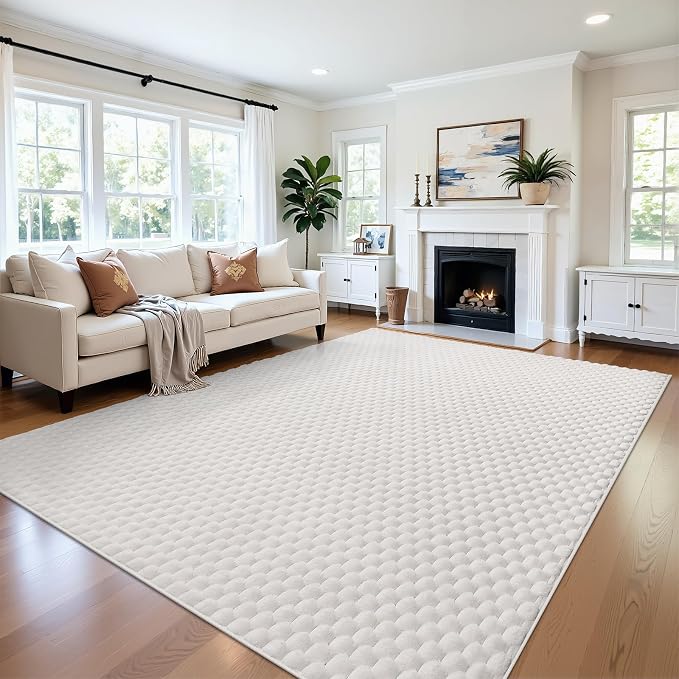 Vaukki 6x9 Area Rug for Living Room, Non Slip Washable 3D Bubble Living Room Rug, High Low Pile Hexagon Floor Mat for Bedroom, Modern Soft Fluffy Carpet for Dining Room, Office and Nursery, White