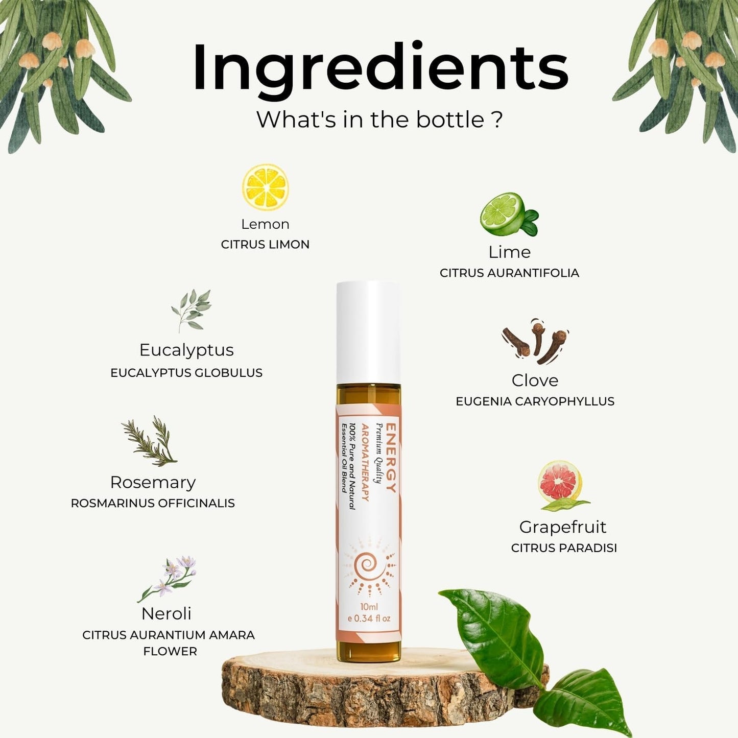 Benatu Energy Essential Oil Roll On Blend (with Clove, Lemon, Grapefruit Oil)- Travel Size Relaxing Roller for Body Topical Massage, Natural Scent Aromatherapy Gift for Women & Men 10ml