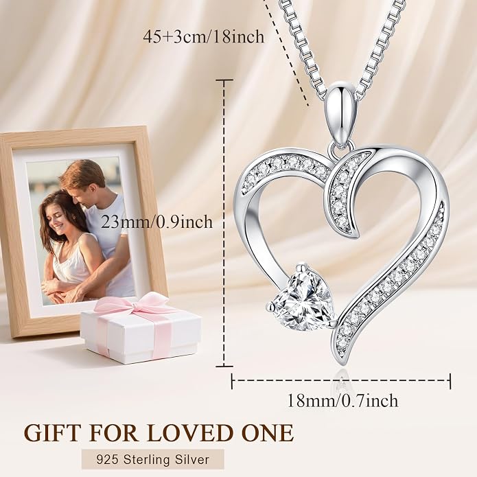 Love Heart Necklace for Women, 925 Sterling Silver Cubic Zirconia Birthstone Heart Pendant Jewelry Gift for Mom, Mother, Wife, Girlfriend on Birthday, Mother's Day, Chain 18 inch