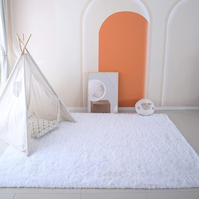 White Shag Area Rug 6x9 Living Room - Ultra Soft Fluffy Carpet Home Decor | Versatile Decor: Perfect for living room - bedrooms Bright white complements any furniture style effortlessly