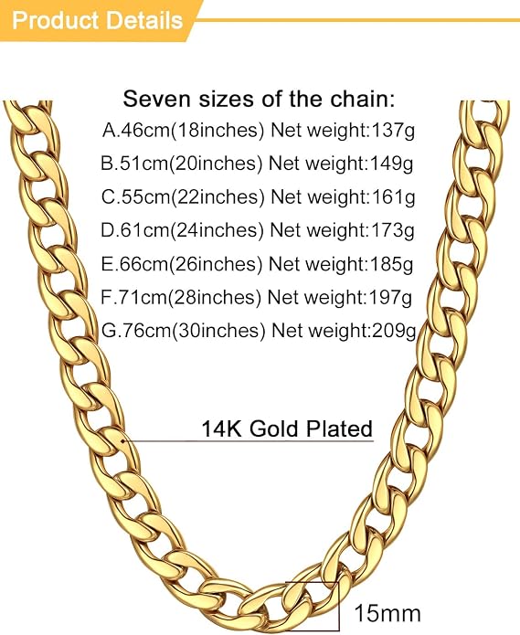U7 Cuban Link Chain for Men Women Stainless Steel Curb Necklace, 7/9/12/15 MM Chunky Chain Silver/Gold/Black Mens Hip Hop Jewelry 18''-30''