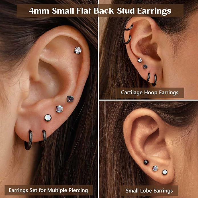 Jstyle 23 Pairs Black Hypoallergenic Stainless Steel Earrings Set Flat Back Studs and Hoops for Sensitive Ears 20G Cartilage Helix Tragus Lobe Piercing Jewelry for Women Men