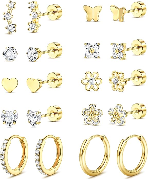 LOLIAS Flat Back Earrings for Women Girls - Hypoallergenic Surgical Stainless Steel Earrings for Sensitive Ears 14K Gold Plated Heart Flower Stud Earring Set Small Huggie Hoop Cartilage Earring Stacks