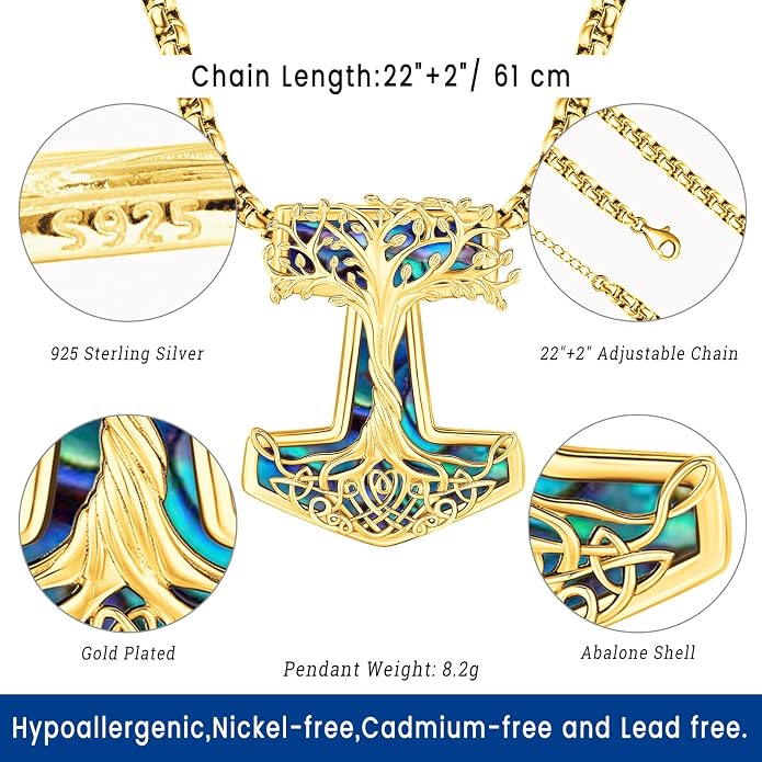 Eusense Viking Jewelry for Men Women Sterling Silver 925 Mjolnir Thors Hammer Pendant Celtic Cross Necklace Wolf Odin Raven Freya Goddess Norse Pagan Compass Vegvisir Yggdrasil Nordic Viking Necklaces Gifts