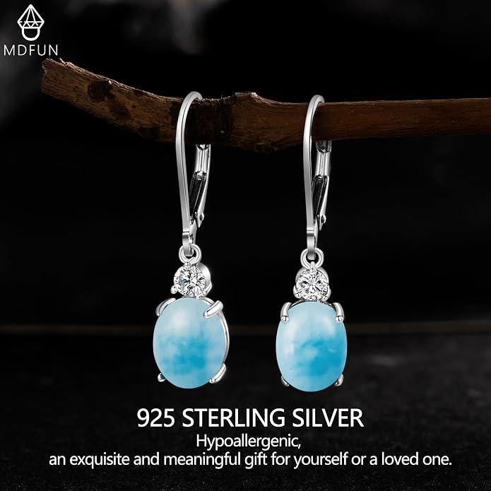 MDFUN 925 Sterling Silver Natural Larimar Earrings for Women Hypoallergenic Dangle Drop Blue Gemstone Leverback Jewelry