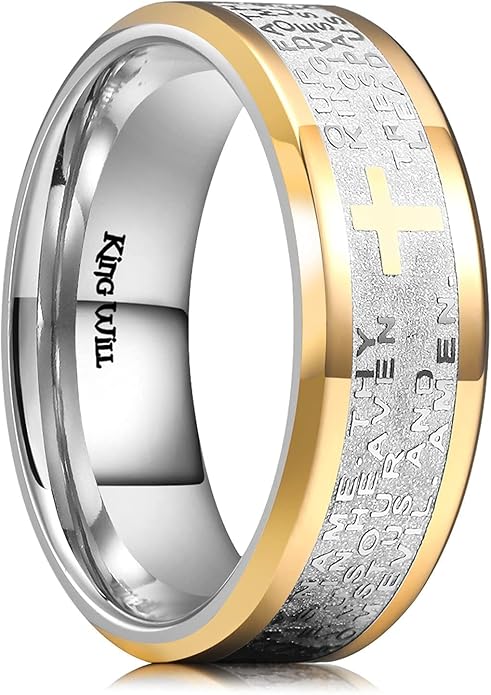 King Will Stainless Steel Men Ring Lord's Prayer Cross Ring Stainless Steel Men Wedding Ring, Wedding Band Bible Engraved Rings High Polished, Comfort Fit