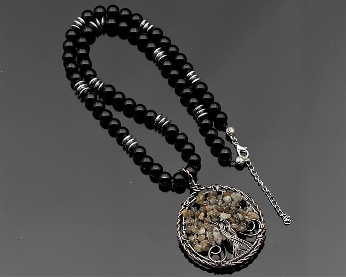 ElisaJewelryArt - Natural Amethyst Big Tree Of Life Pendant Black Onyx Stone Beaded Necklace Genuine Gemstone Feng Shui Stone Clasp Closure Necklace Unisex Necklace