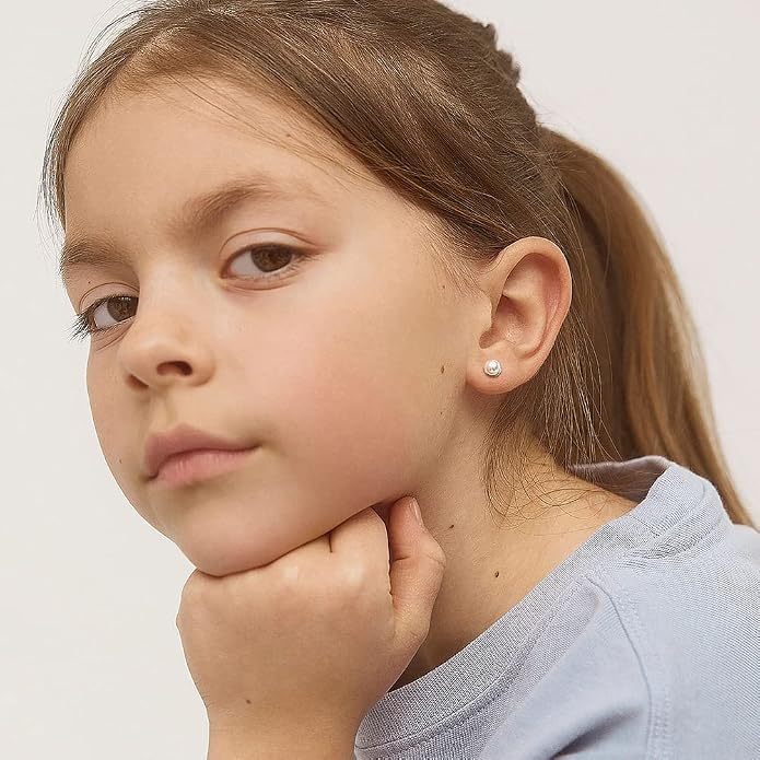 925 Sterling Silver Simulated Pearl Baby Earrings in 3mm-5mm for Toddlers & Young Girls - Hypoallergenic Safety Screw Back Earrings with White Simulated Pearls for Kids
