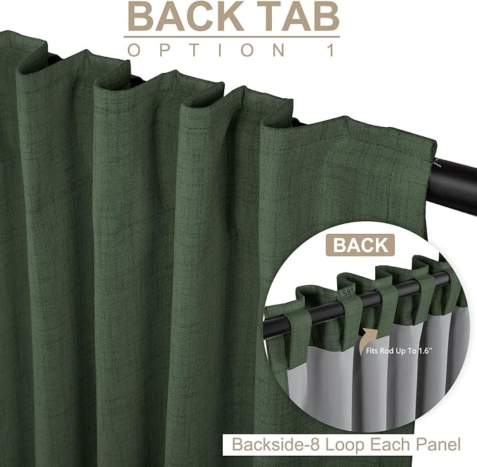 100% Blackout Shield Green Linen Blackout Curtains for Bedroom 102 Inches Long, Back Tab/Rod Pocket Living Room Drapes, Thermal Insulated Blackout Curtains 2 Panels Set, 50" W x 102" L,Loden