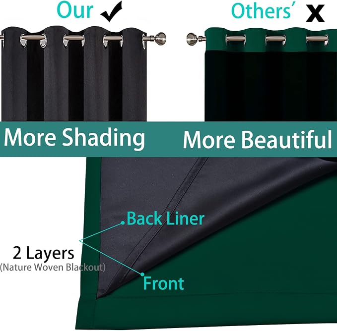 Yakamok Dark Green 100% Blackout Curtains 108 Inches Long 52" Wide 2 Panels | Blackout Curtain Panels for Bedroom, 2 Thick Layers Grommet Top Thermal Insulated Drapes with Black Liner for Living Room