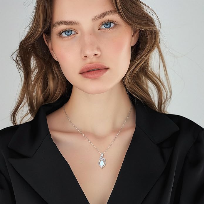 FANCIME Teardrop Birthstone Necklace for Women S925 Sterling Silver Elegant Ribbon Pendent Necklace Birthday Jewelry Gifts for Mom Wife Her, 16"+2" Inches