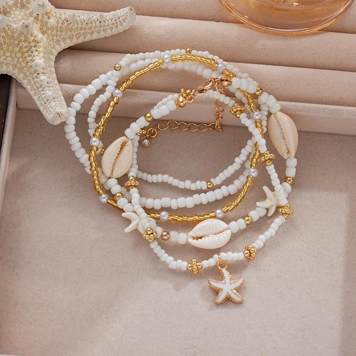 Boho Shell Ankle Bracelet Set for Women, 5 Pairs 14K Boho Bead Handmade Adjustable Anklet, Hawaiian Beach Seashell Starfish Foot Jewelry Gifts
