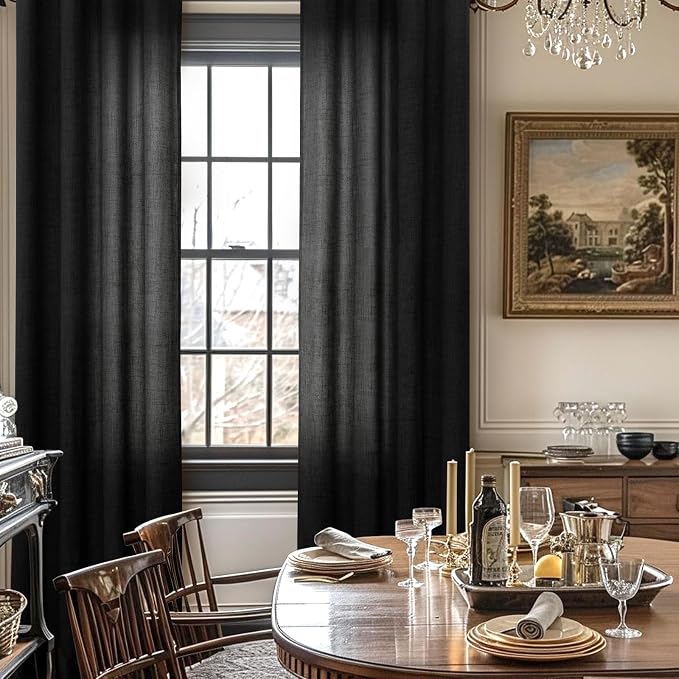 YoungsTex Black Curtains 63 Inch Length 2 Panels, Linen Semi Sheer Drapes with Bronze Grommet Light Filtering Privacy for Bedroom Living Room Decorative, 42 x 63 Inch, 2 Panels