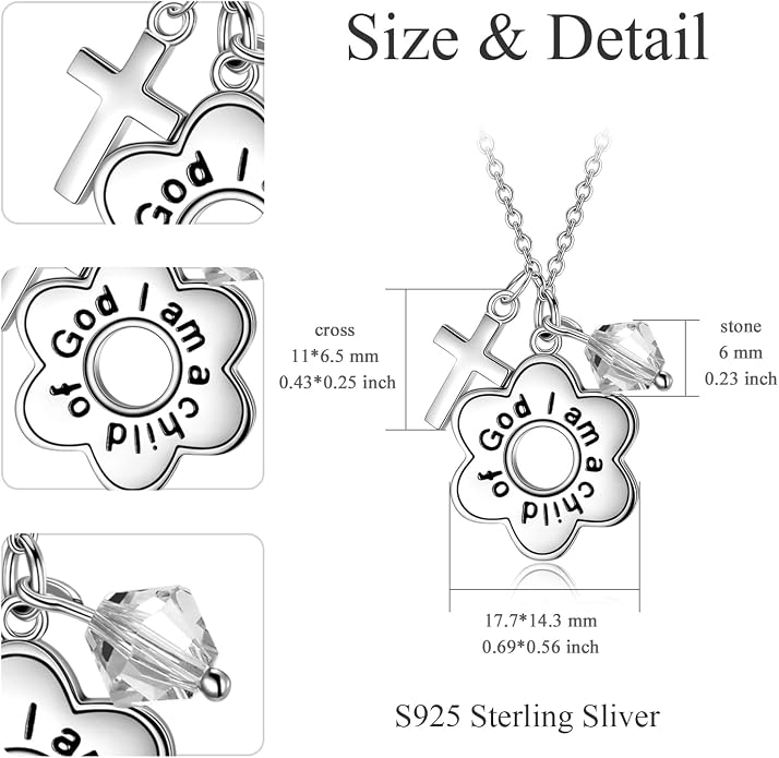 AOBOCO 925 Sterling Silver I Am a Child of God Daisy Necklace Jewelry Birthday Birthday Baptism Communion Gifts for Girls
