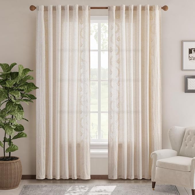 jinchan Floral Linen Curtains 84 Inch Farmhouse Back Tab 2 Panels Ivory | Embroidered curtains,boho curtains,living room,bedroom,light filtering,privacy,flower patterned drapes,window treatment