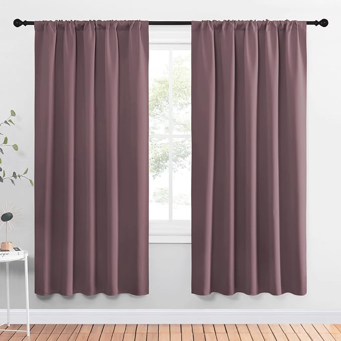 NICETOWN Living Room Curtains, Home Decorations Thermal Insulated Solid Rod Pocket Blackout Drapes for Cafe (Dry Rose, One Pair, 52 x 72-inch)