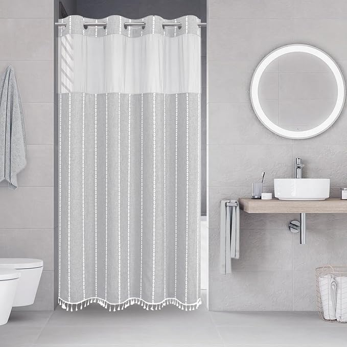 eachope No Hook Stall Shower Curtain with Snap-in Fabric Liner - 54x80 Heavy-Duty Linen Textured Striped Design,Narrow Rustic Modern Farmhouse Bohemian Bathroom Curtain,Water-Repellent,Grey/Gray
