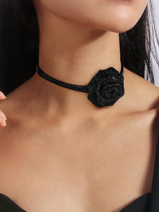 LILIE&WHITE Rose Flower Necklaces For Women Chic Flower Choker Goth Necklaces Fashion Black Choker Gothic Necklace Trendy Halloween Necklace Jewelry Gift
