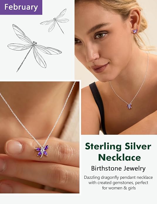 925 Sterling Silver Birthstone Necklaces for Women, Dainty Cute Dragonfly/Butterfly Pendant Necklace, Great Christmas/Anniversary Jewelry for Mother