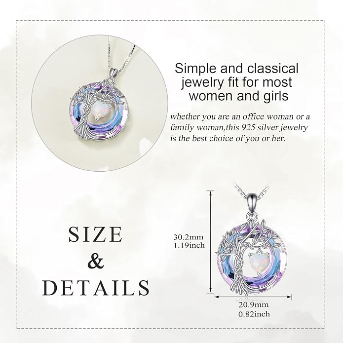 POPLYKE Mothers Day Gifts for Mom Her Wife Tree of Life Necklace 925 Sterling Silver Birthstone Pendant with Crystal Anniversary Birthday Wedding Jewelry for Women