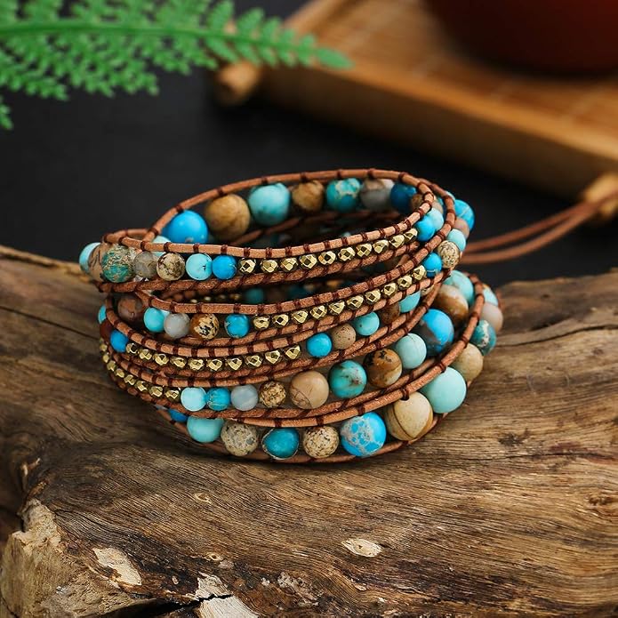 Plumiss Women Boho Handmade Natural Stone Crystal Leather Bead Wrap Bracelets Collection