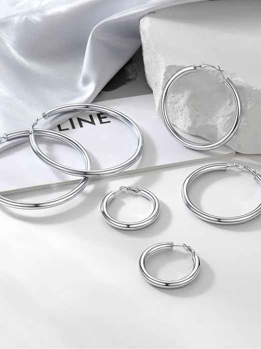 Stainless Steel Chunky Hoop Earrings For Women, Minimalist and Chic, Black/Gold Plated, Round Hoops Earrings Hypoallergenic, Size: 30mm/40mm/60mm/80mm, Come with Box