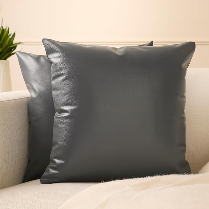 Encasa XO Faux Leather Throw Pillows Covers 18"x18" (Set of 2) | Dark Grey Decorative Cushion Covers | Modern Farmhouse Pillow Cases for Outdoor, Living Room, Bedroom, Couch, Sofa