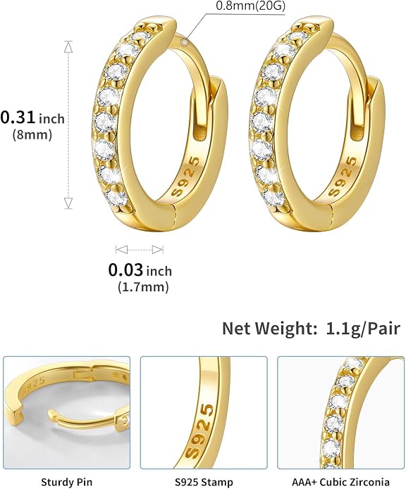SILVERCUTE 925 Sterling Silver Huggie Hoop Earrings for Women,Hypoallergenic Small Hoop Earrings Lightweight Silver/14K Gold Hoops Cartilage Earrings for Women,8/10/12mm