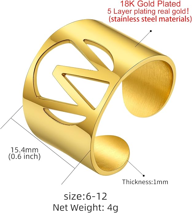 KeyStyle Bold Initial Letter Rings Adjustable, GoldChic Jewelry Women Gold Statement Ring Personalized Engraved Women’s Open Signet Ring for Party (Gold, White Gold, Black)