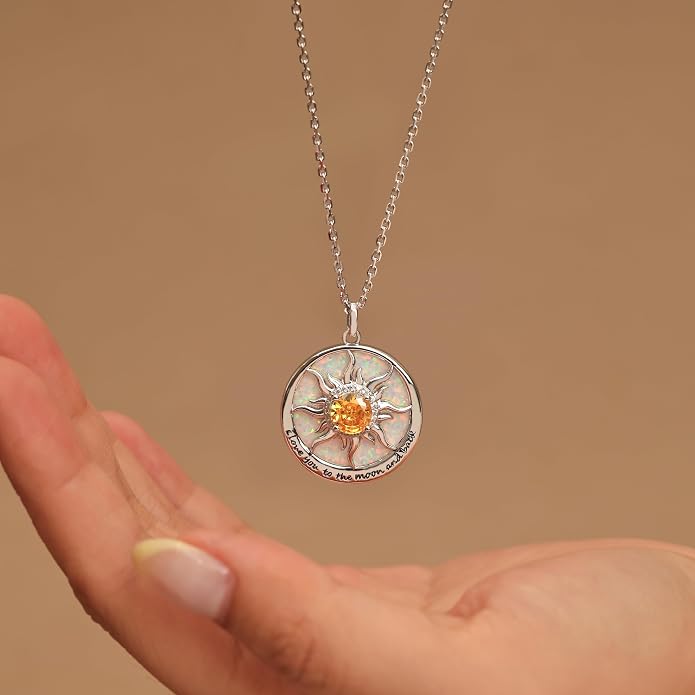 FANCIME Sunflower Necklace with Engraved Messgae 925 Sterling Silver Opal Gemstone Pendant Fine Jewelry Anniversary Birthday Gifts for Women Mom Wife Her, Chain Length 16+2 Inch