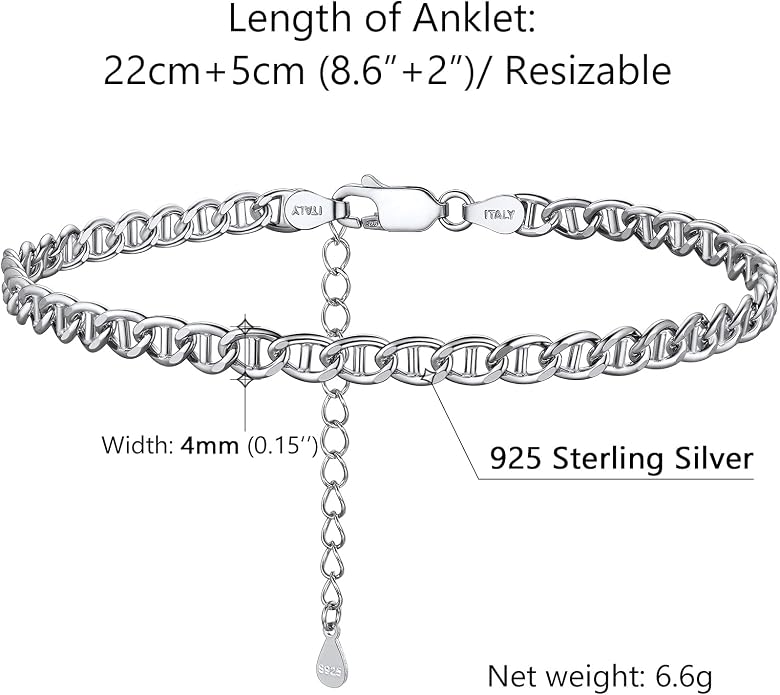 PROSILVER 925 Sterling Silver Ankle Bracelets For Women, Stylish Chain Anklets, Summer Beach Jewelry, 8.6-10.6 Inch Adjustable, Come with Box