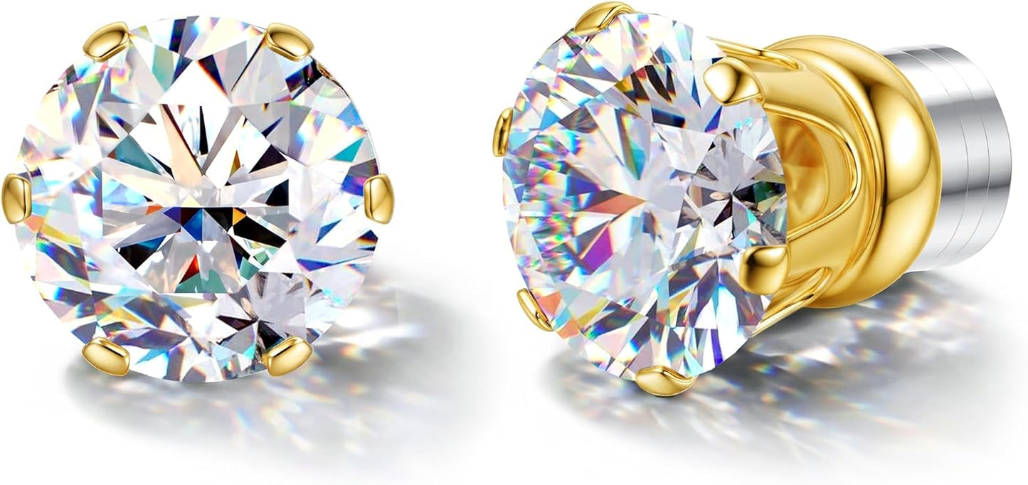 GEMQUEEN Moissanite Magnetic Earrings for Men Women : 18K White Gold Plated Hypoallergenic Stainless Steel Non Piercing Clip on Fake Earrings Studs Dainty Moissanite Earring Jewelry D Color VVS1