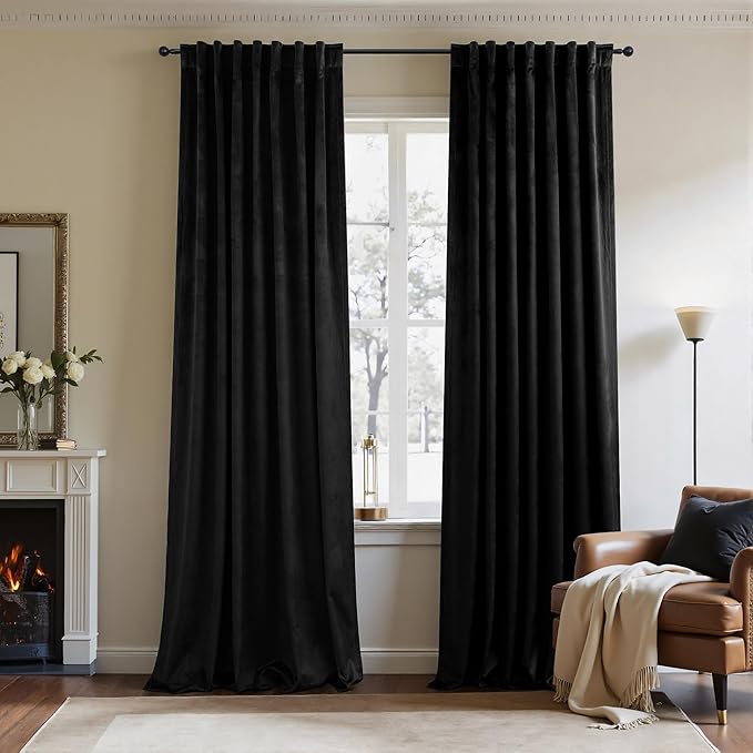 Black Velvet Curtains for Living Room 84 Inch Length 2 Panel Back Tab Pocket Thick Luxury Living Room Darkening Light Blocking Thermal Insulated Black Out Long Drape for Bedroom Halloween Gothic Decor