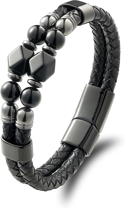 Black Braided Leather Bracelet for Men with Turquoise, Lapis Lazuli, Tiger Eye, Obsidian Stone Double-Row Wristband Beads with Stainless Steel Clasp Fashion Jewelry Gift for Him