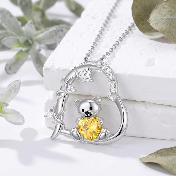 PELOVNY Teddy Bear Necklace for Women 925 Sterling Silver Bear/Highland Cow/Fox/Cat/Axolotl Birthstone Necklace Christmas Birthday Jewelry Gifts for Mom Daughter Wife Sister