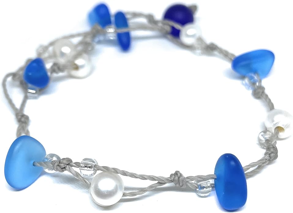 Freshwater Pearl and Dark Blue Sea Glass Wrap Bracelet or Anklet, Beachy Boho Jewelry for Women, Handmade in the Caribbean