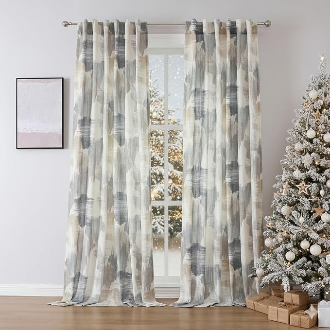 Kayne Studio Boho Geo Semi Sheer Curtain Panels Curtains,Blue Tan Watercolor Print Light Filtering Farmhouse Drapes for Living Room Bedroom, Back Tab Rod Pocket Window Treatment,W52 x L95,Brown,2 PK