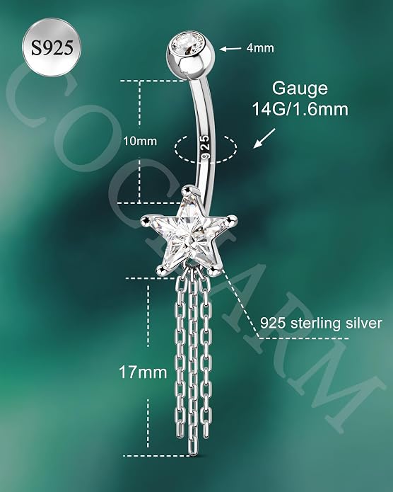 COCHARM 14K Gold Plated Belly Button Rings 925 Sterling Silver Belly Navel Rings for Women Star Navel Piercing Jewelry