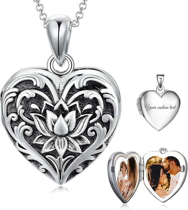 SOULMEET Personalized Silver Locket Necklace That Holds Pictures Photo Keep Someone Near to You, Memorial Custom Lockets Necklaces Letters Engraving for His Her