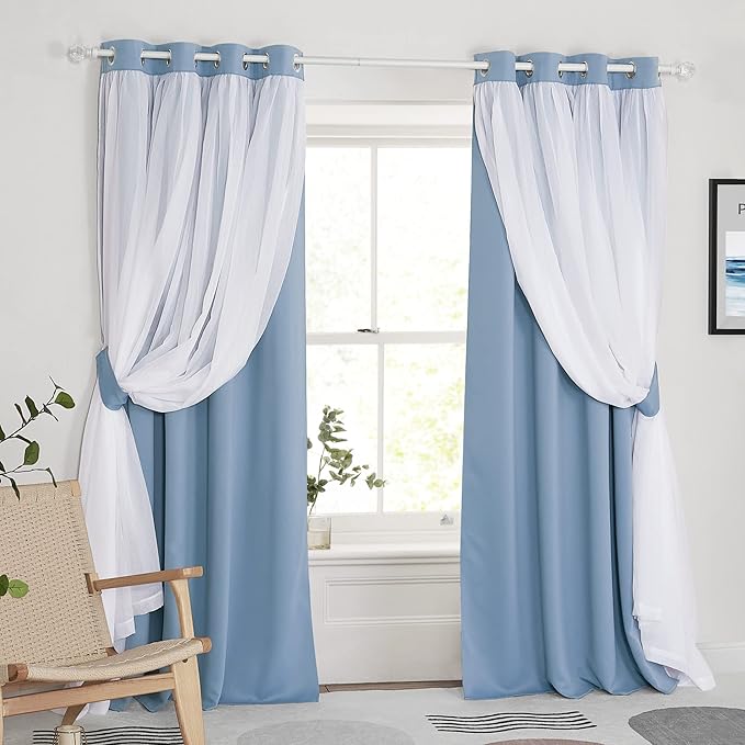 PONY DANCE Curtains for Living Room - 84 inches Long Sheer Curtains with Blackout Panels Double Layered Blackout Home Decor, 52-inch Wide, Shadow Blue, Set of 2