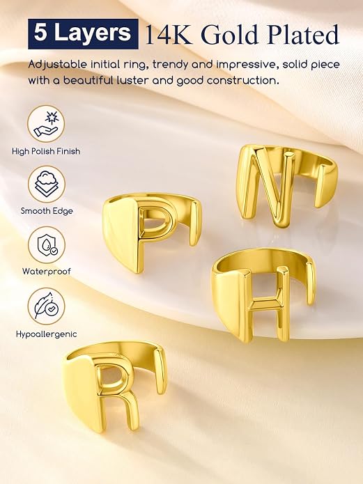 Suplight Nikel Free 18K Gold Plated Letter Rings, Fashion Monogram Jewelry Statement A-Z Wide Name Initial Alphabet Adjustable Open Ring for Women