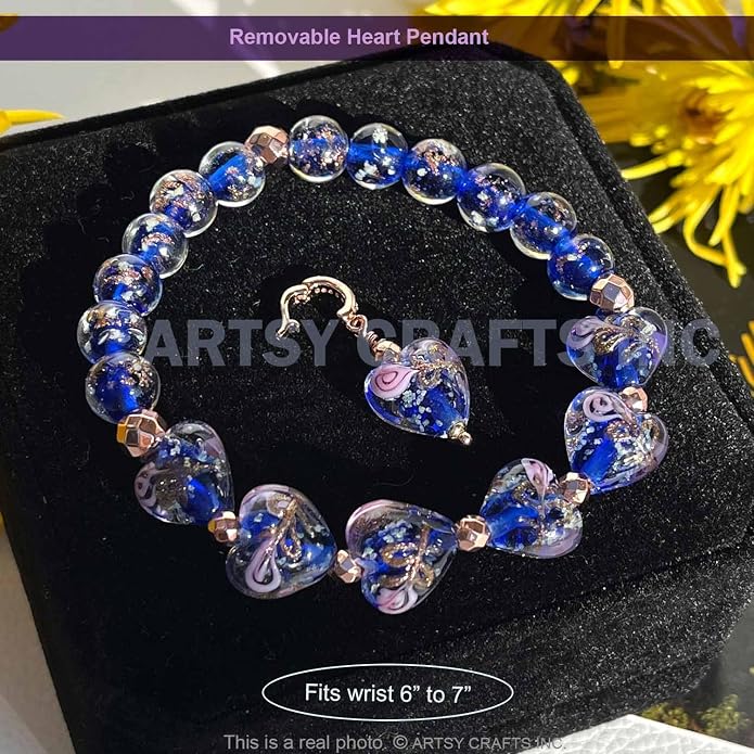 ARTSY Crafts Glow in the Dark Heart Shaped Glass Bead Bracelets & Necklaces, Handmade in USA