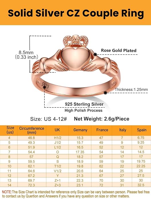 Bestyle 925 Sterling Silver Ring for Women, Minimalist Claddagh Ring Celtic Knot Ring for Women, Irish Promise Wedding Band, Gold/Rose Gold Vermeil Women Band Ring, Stackable, Gift for Her