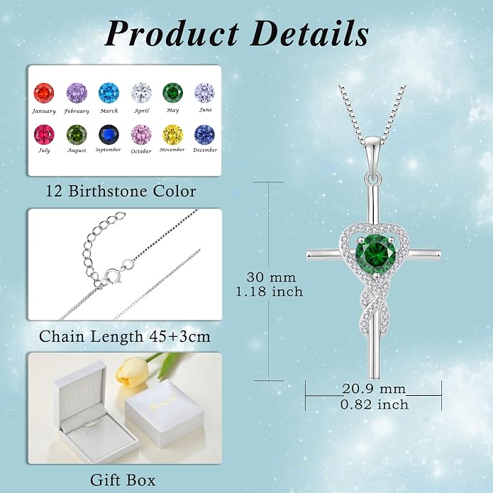 Cross Necklace for Women 925 Sterling Silver Infinity Birthstone Pendant Necklace Religious Christian Jewelry Gifts Wife Mom Her