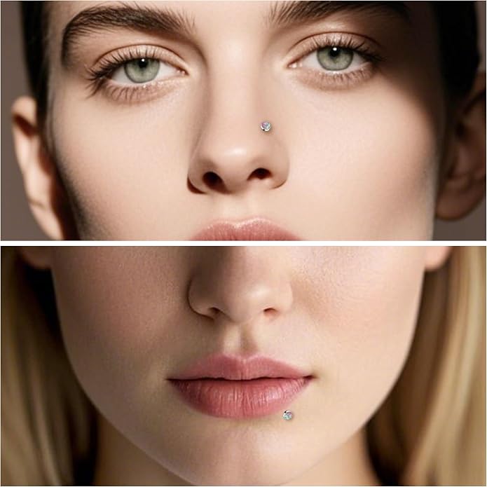 Ruifan Titanium Flat Back Lip Rings Externally Threaded Earrings Studs Nose Rings 20G 18G 16G Jeweled Round Opal Tragus Cartilage Lobe Rook Helix Conch Labret Medusa Piercing Jewelry for Women Men